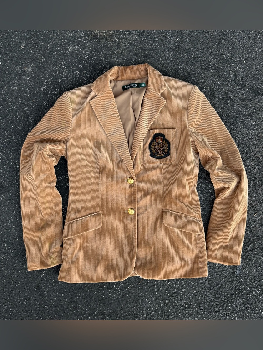 Lauren Ralph Lauren Corduroy Camel Single Breasted Blazer Bullion Logo Size 4